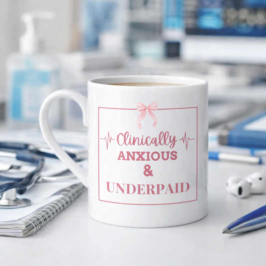 Clinically Anxious & Underpaid Mug – Funny Nurse Gift – Burned Out Healthcare Worker Coffee Cup